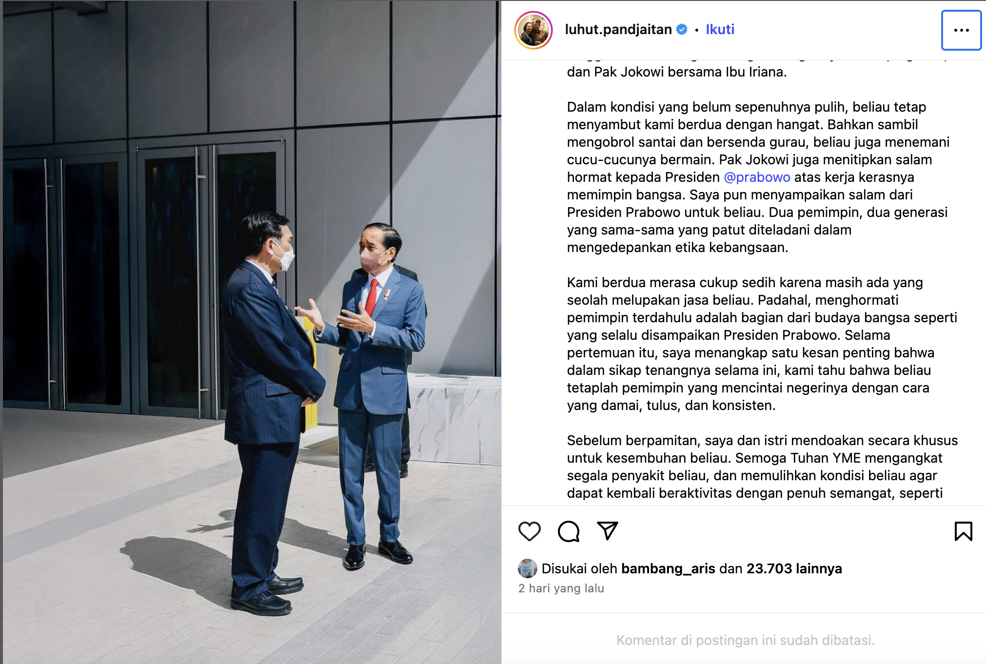 Postingan Instagram Ketua Dewan Ekonomi Nasional (DEN), Luhut Binsar Pandjaitan yang menyebut baru saja menemui Presiden ke 7 Joko Widodo (Jokowi). (Istimewa/Tangkapan Layar)